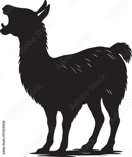Silhouette of a llama with its mouth open roaring or screaming isolated on a white background