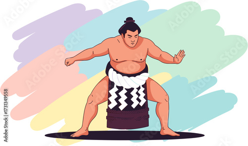 A powerful Japanese sumo wrestler stands in a traditional rikishi stance, showcasing strength and cultural heritage against a vibrant, abstract background.