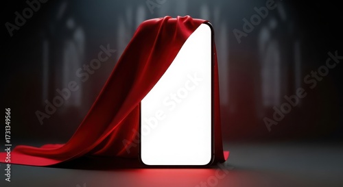 New smartphone unveiled under a luxurious red velvet cloth, dramatic lighting, dark background, product reveal concept