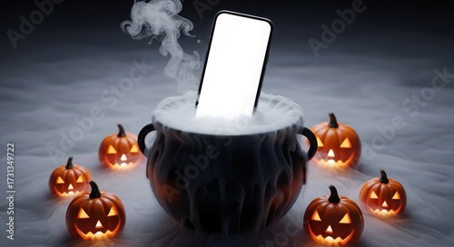 A smartphone with a blank screen sits in a bubbling cauldron surrounded by glowing jackolanterns on a dark, smoky background