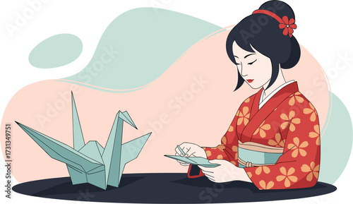 A serene Japanese woman in traditional kimono meticulously folds paper, creating beautiful origami art, showcasing cultural heritage and skillful craftsmanship.