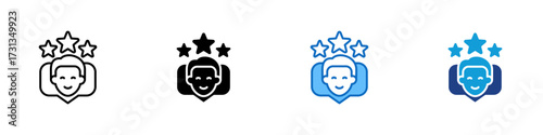 Happy Review Multiple Style Icon Design Vector - Smiling face with three stars above, symbolizing positive feedback and customer satisfaction