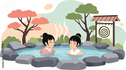 Two smiling Japanese women enjoy a relaxing traditional outdoor hot spring bath surrounded by natural rocks and serene Asian landscape elements.
