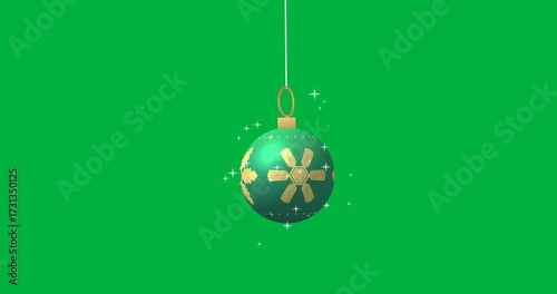 Animation of green bauble with snowflakes christmas decoration on transparent background