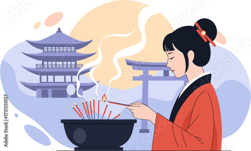 A serene Asian woman reverently lights incense sticks in a traditional temple setting, embodying spiritual devotion and cultural heritage amidst ancient architecture.