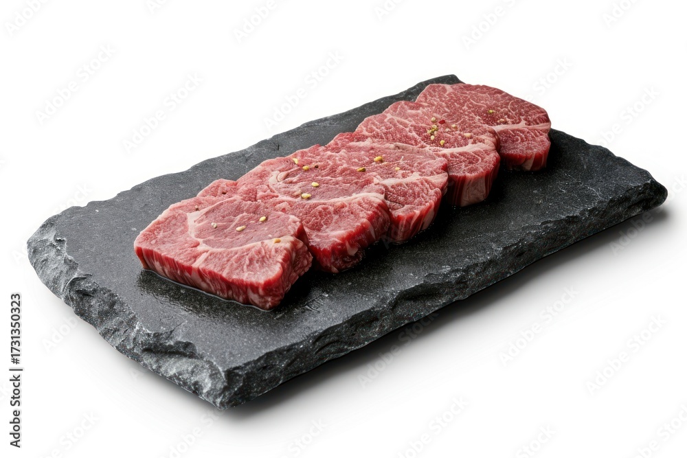 Fototapeta premium Premium Rare Slices sirloin Wagyu A5 beef on stone plate steak slice meat.
