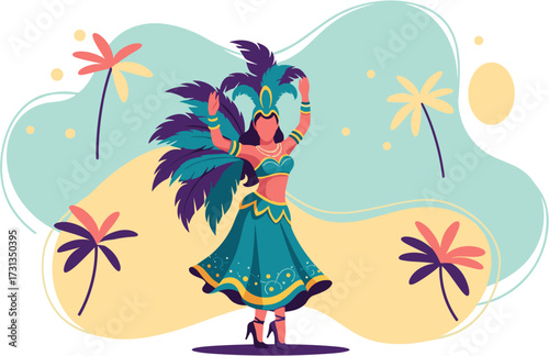 A beautifully adorned woman in a colorful, feathered carnival costume joyfully dances against a vibrant tropical beach backdrop, embodying celebration and cultural festivity.