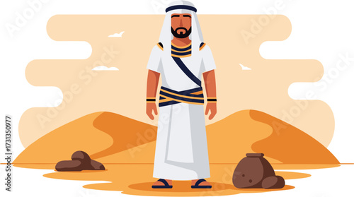 A proud man adorned in traditional Middle Eastern attire stands confidently amidst the vast, sun-drenched desert landscape, embodying ancient cultural heritage.