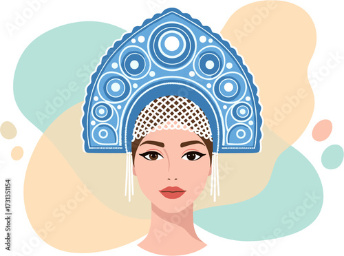 An elegant illustration of a young woman gracefully adorned in a traditional ornate blue Russian kokoshnik, showcasing cultural heritage with subtle artistry.