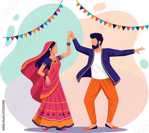 A vibrant illustration captures a joyful Indian couple gracefully performing a traditional folk dance amidst colorful festive decorations.