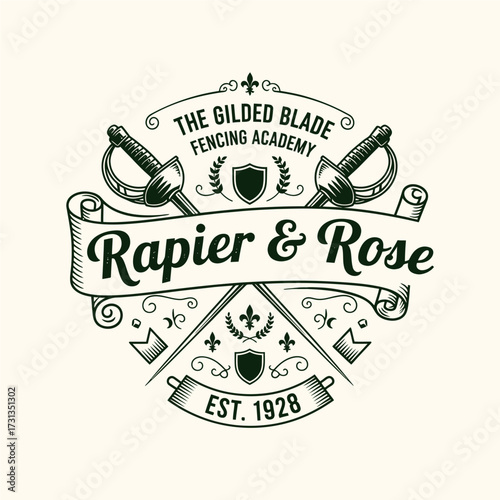 Logo for Rapier & Rose fencing academy with crossed swords and decorative elements.