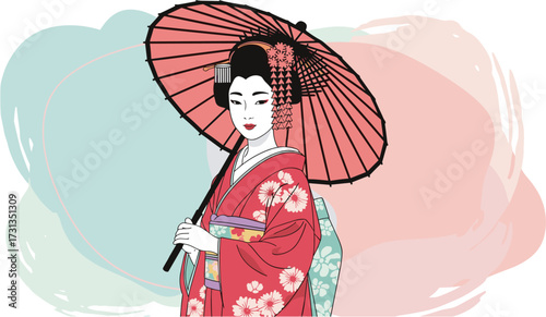 An elegant Japanese geisha, adorned in a vibrant red kimono and traditional makeup, gracefully holds a delicate parasol against a soft, artistic background.