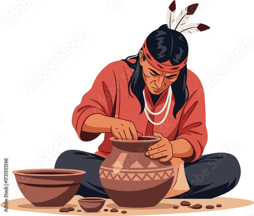 An indigenous Native American man meticulously crafts traditional earthenware pottery, showcasing ancestral techniques and cultural heritage through his focused artistic skill.