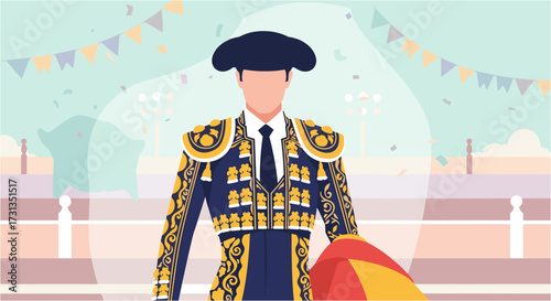 A matador in a richly embroidered traje de luces stands proudly in a bullring, ready for the traditional Spanish spectacle.