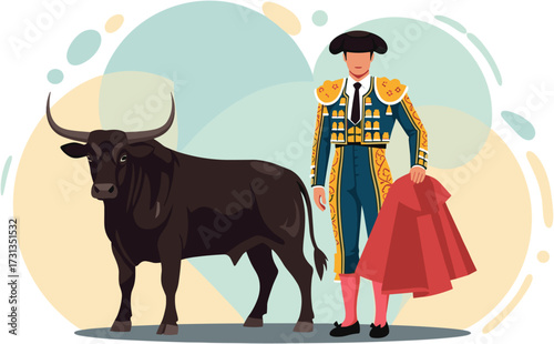 A matador in traditional 'traje de luces' stands with his red cape next to a powerful black bull, embodying Spanish culture.