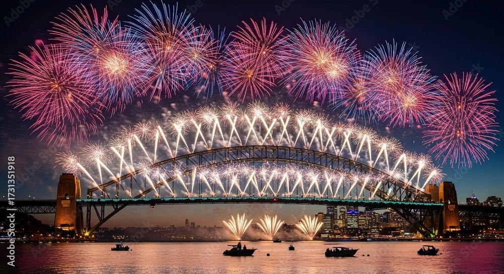 Naklejka premium Colorful fireworks display over Sydney Harbour Bridge at night