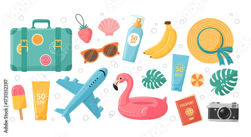 Vector art of collection of summer vacation travel items
