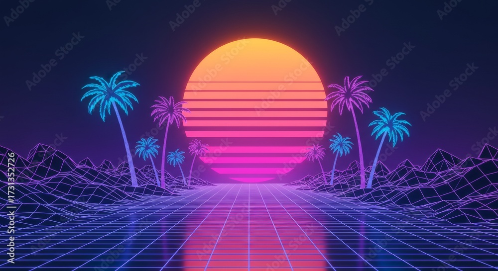 Fototapeta premium Vector Surreal Neon Palm Trees Retro Futuristic Cyberpunk Landscape