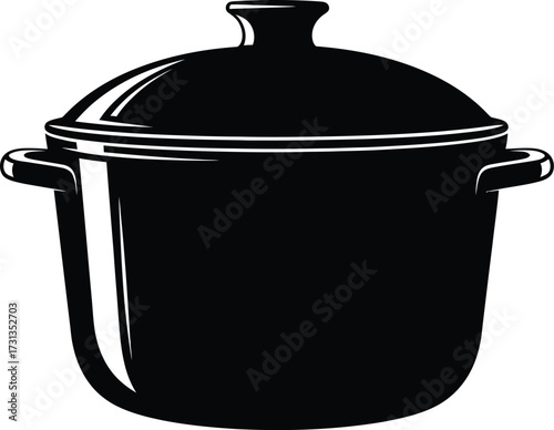Black cooking pot with lid, kitchenware for food preparation, vector