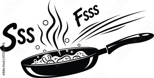 Frying Pan with Food, Steam, and Sizzling Sound Effects