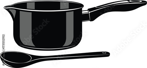 Black saucepan with pouring lip and spoon, kitchenware illustration