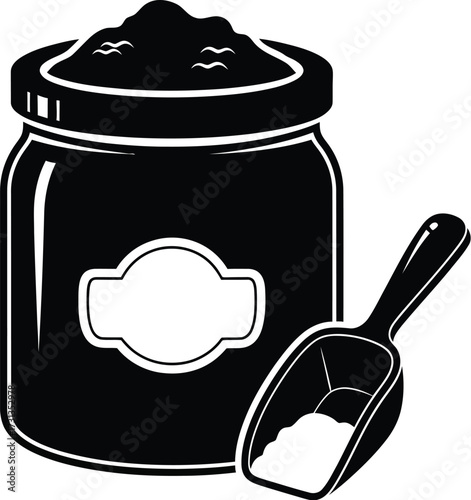 Black jar with powder and scoop, food ingredient, spice