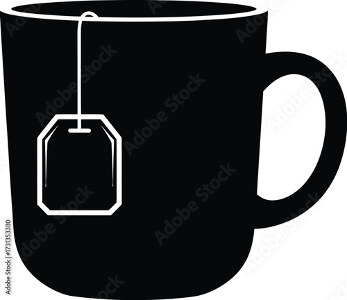 Black mug with teabag, simple beverage illustration for relaxation time