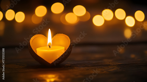 Heart shaped candle burning with blurred lights in background creating a warm atmosphere.
