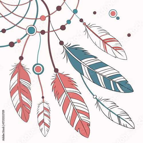 A close up illustration of a dreamcatcher with colorful feathers and beads in a boho style against a plain background