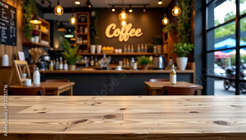 An inviting coffee shop setting with a prominent sign displaying the word 