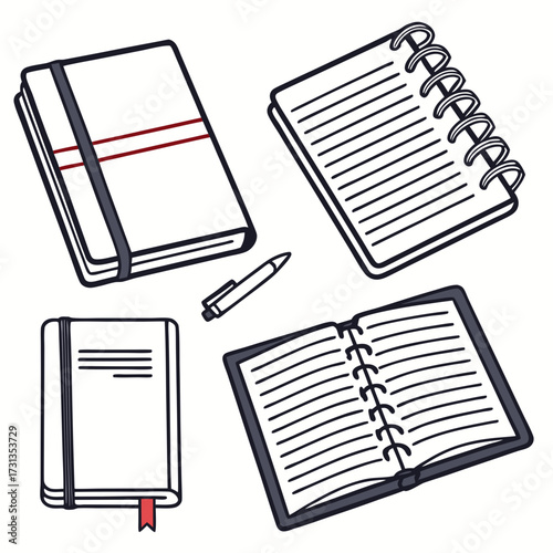 A collection of four notebooks and a pen rendered in a simple clean line art style with a white background perfect for educational or creative themes