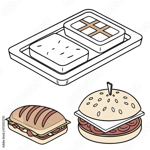 A collection of delicious food items including a sandwich on a tray a sub sandwich and a hamburger with a toothpick all depicted in a clean isometric illustration style