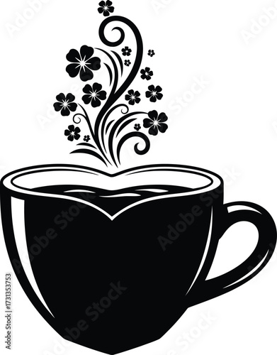 Elegant coffee cup with floral steam, a romantic beverage illustration