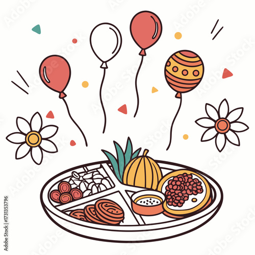 A festive and colorful illustration featuring a traditional nepali thali meal with various dishes accompanied by floating balloons and decorative elements symbolizing celebration and cultural heritage