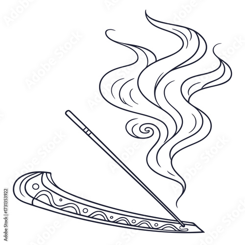 A minimalist line art illustration of a decorative incense holder with a lit incense stick emitting gracefully curling smoke symbolizing relaxation and aromatherapy