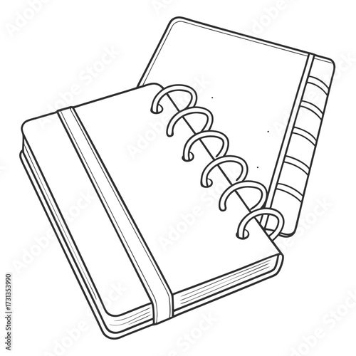 A simple black and white line drawing illustration of two notebooks one with a spiral binding and the other with a stitched binding on a white background