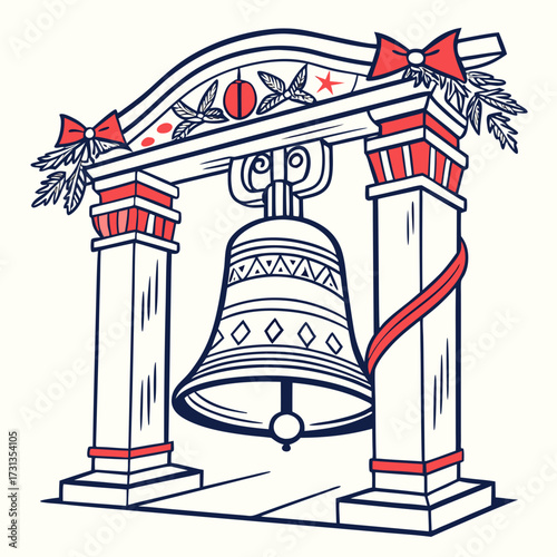 A stylized illustration of a liberty bell shaped bell hanging within a decorative archway adorned with red ribbons and greenery evoking a sense of celebration and patriotism
