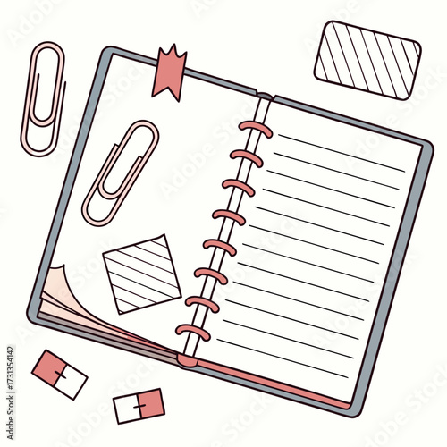 A top down view of an open lined notebook with pink paper clips and erasers scattered around on a white background perfect for school or office organization concepts