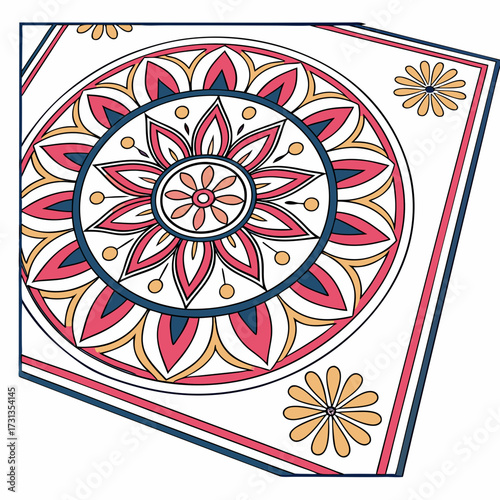 A vibrant and colorful mandala pattern with intricate floral designs and geometric shapes in shades of pink blue and yellow on a white background evoking a sense of harmony and beauty