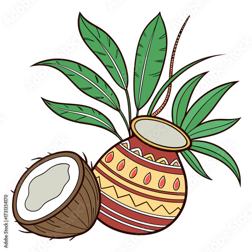 A vibrant illustration of a decorated pot with mango leaves and a halved coconut symbolizing prosperity and harvest festivals in indian culture