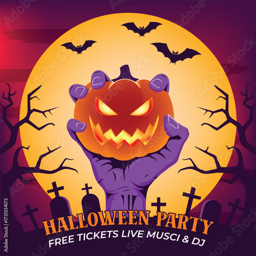 Vector art of halloween party flyer with jackolantern and bats background