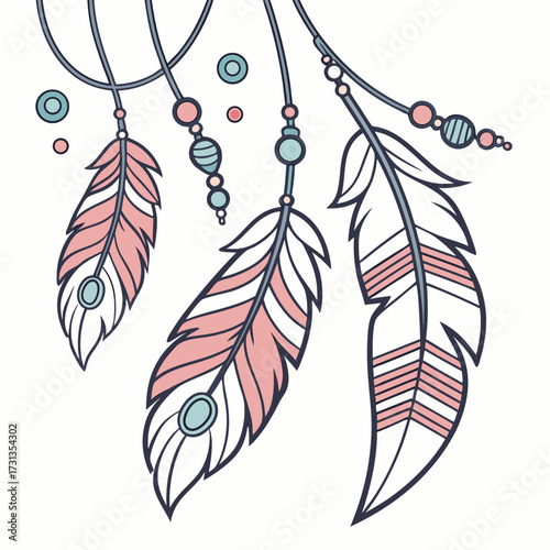 Delicate dreamcatcher illustration featuring three stylized feathers in soft pink and teal colors adorned with beads and suspended from thin cords against a white background