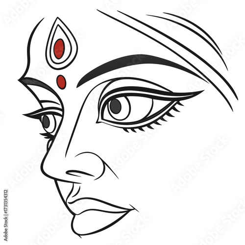 Elegant black and white line art illustration of a divine feminine face with traditional indian markings and expressive eyes representing goddess durga or a similar deity