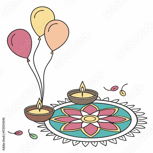 Festive illustration of colorful balloons floating above a traditional indian rangoli design adorned with lit diyas and scattered petals celebrating joy and light during a holiday