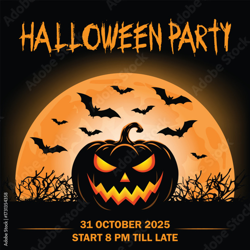 Vector art of spooky halloween party flyer with jackolantern and bats