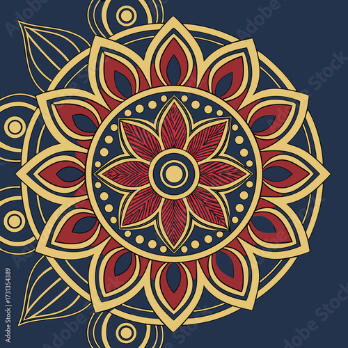 Intricate circular mandala design featuring red and gold floral patterns against a deep blue background symbolizing harmony and symmetry in traditional art