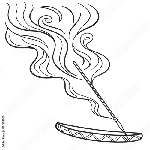 Stylized black and white line art illustration of a burning incense stick emitting wisps of smoke that curl and swirl upwards from a decorative holder
