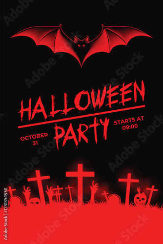 Vector art of halloween party flyer with bat and graveyard design