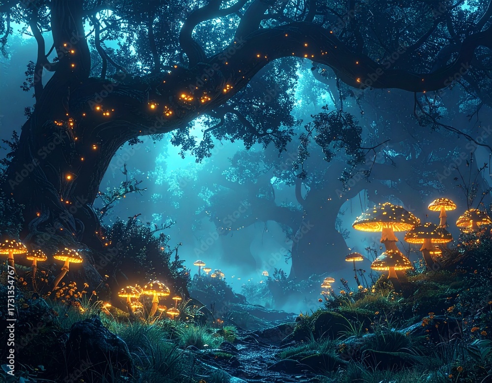Obraz premium Enchanting forest scene with glowing mushrooms and a mystical atmosphere under a starlit sky.