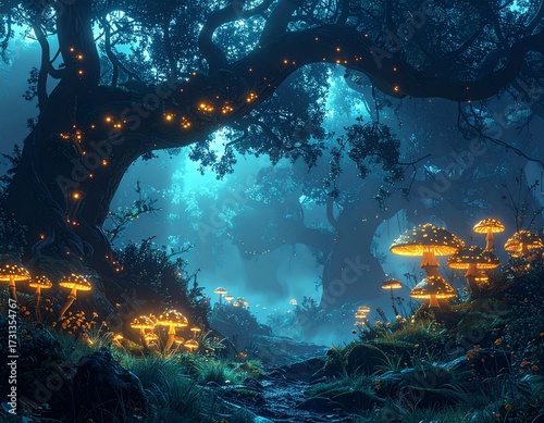 Enchanting forest scene with glowing mushrooms and a mystical atmosphere under a starlit sky.